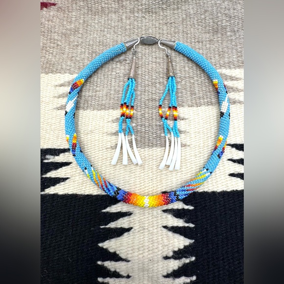 Native American Jewelry - Navajo Native American Multi Color Seed Bead Choker Necklace Sterling Earrings